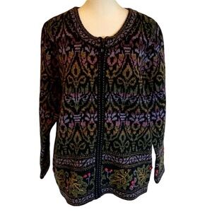 NorthStyle Women's Black and Purple Nordic Patterned Full Zip Cardigan. Size L.